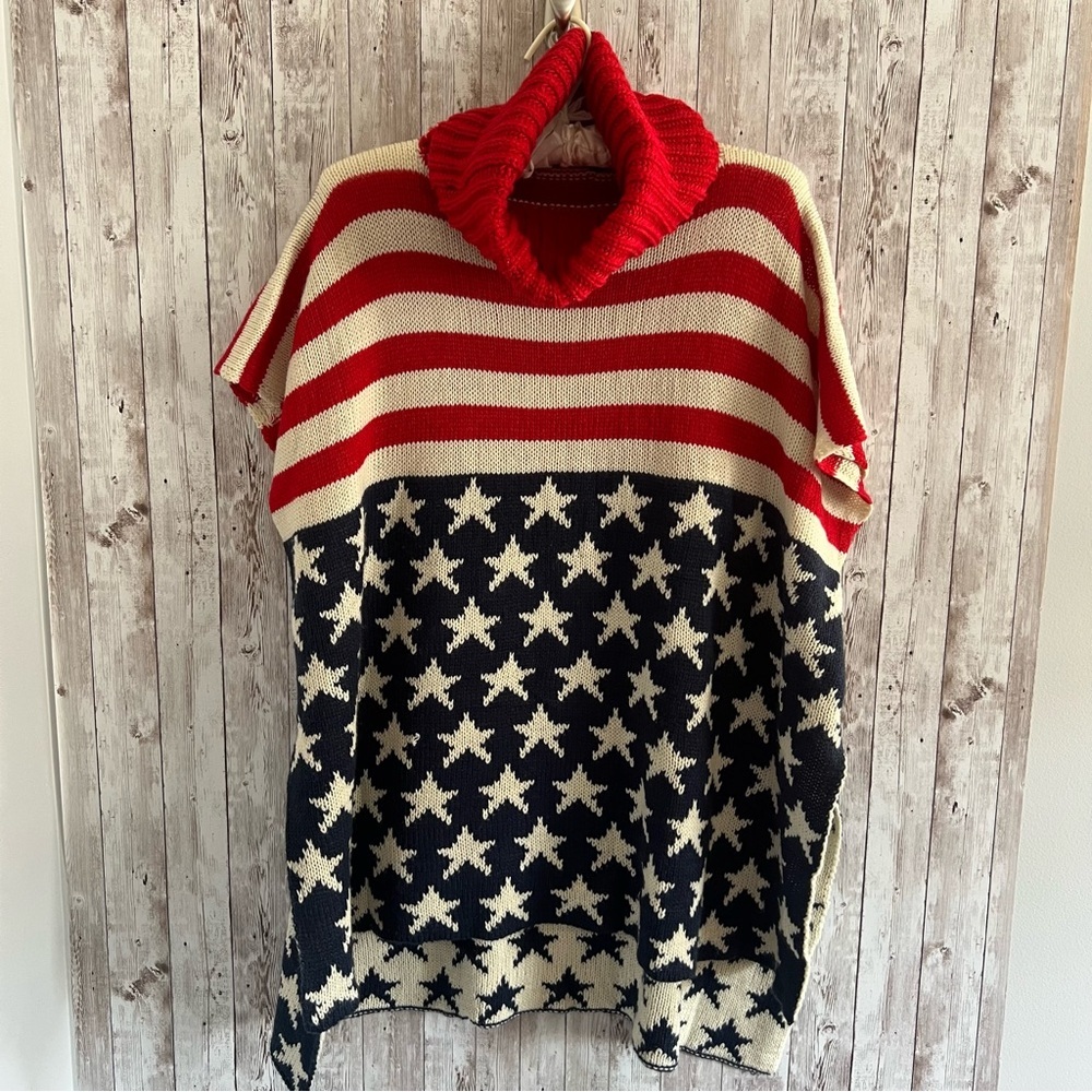 Patriotic Americana Star Flag  Patterned Women's Poncho Turtleneck Knit Sweater
